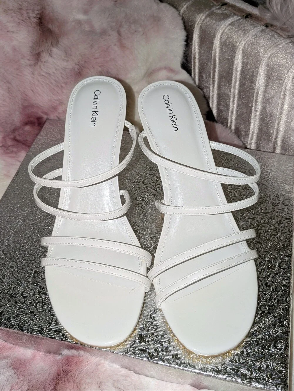 Calvin Klein Jayla White Strappy Mule Heels SZ 10 NWOT
